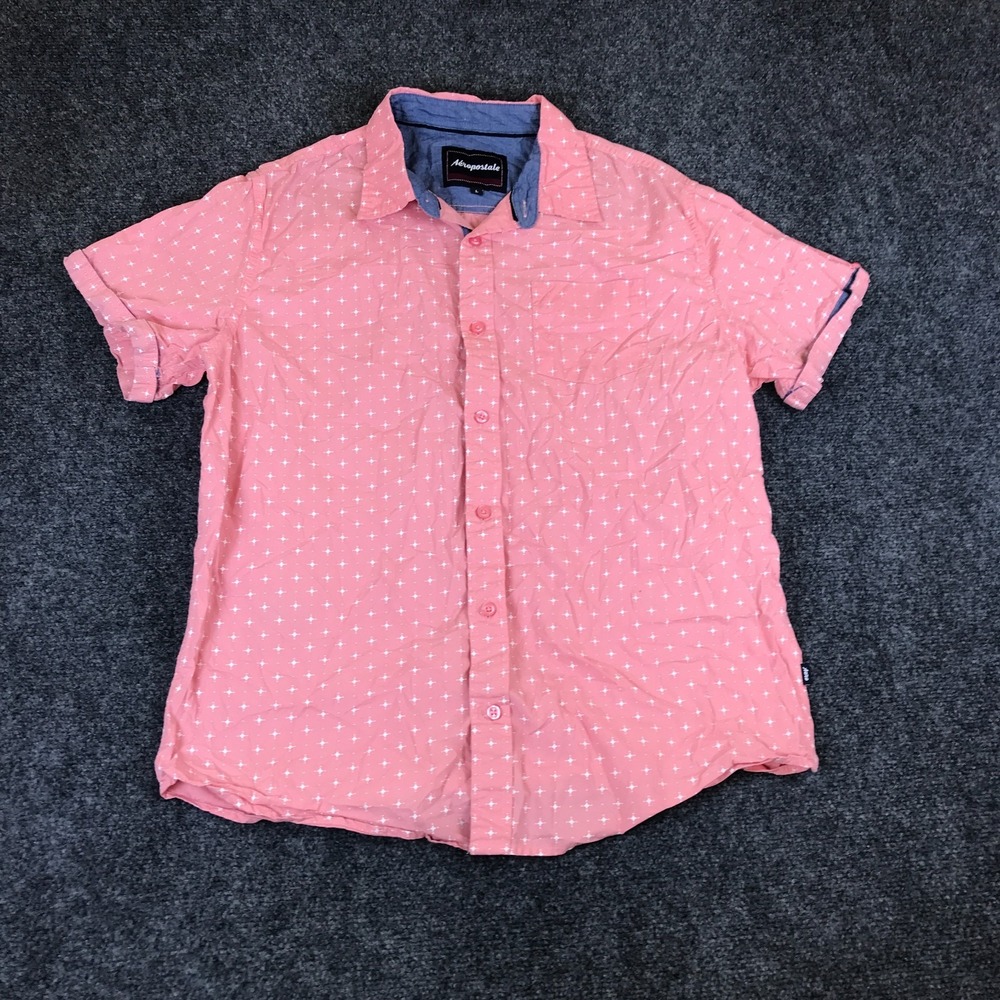 Aeropostale Shirt Mens Large Coral Pink White Star Cotton Short Sleeve Button Up